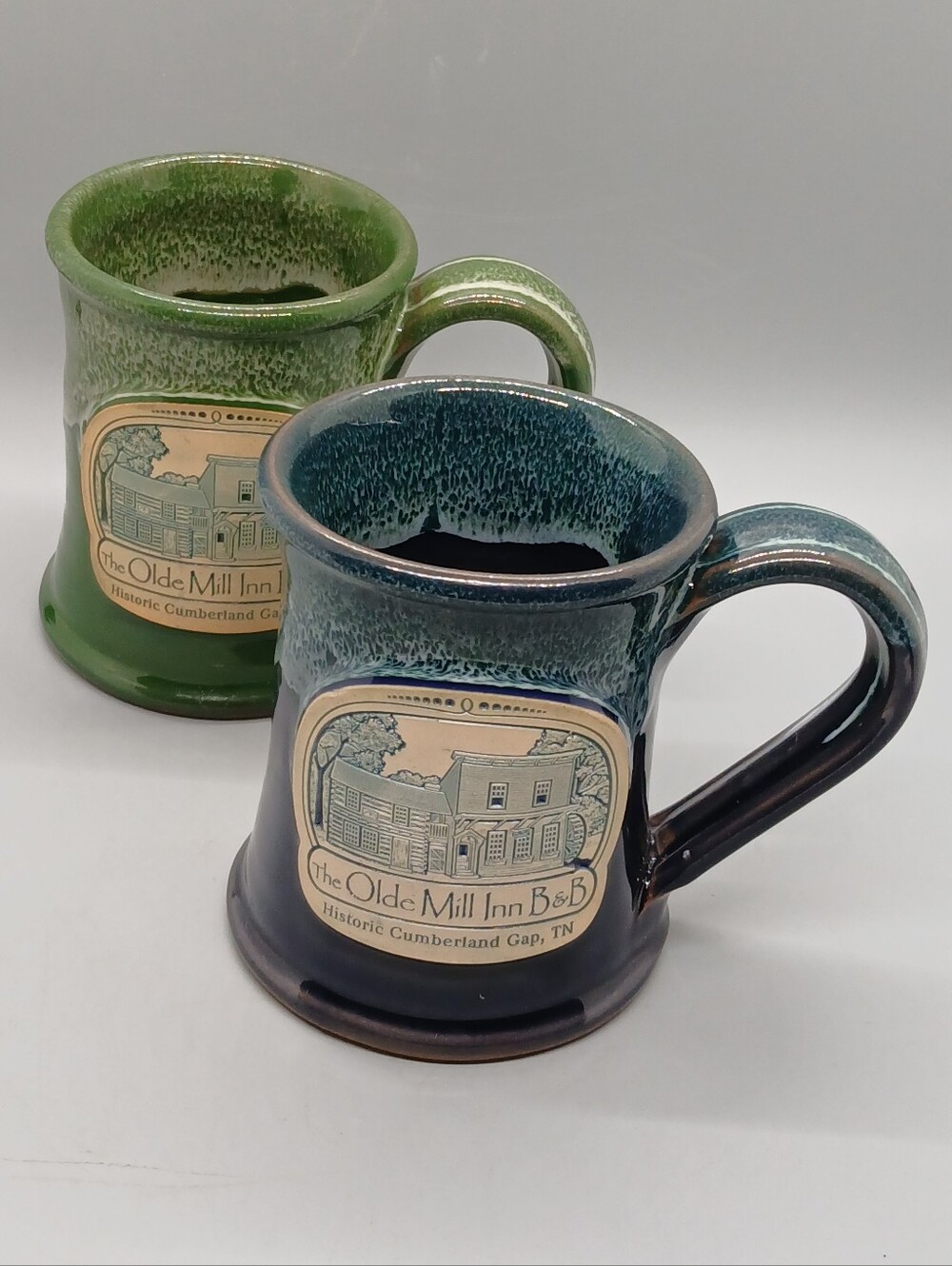 Deneen Pottery Olde Mill Inn B&B Mugs Set of 2 Hand Thrown Stoneware Blue Green